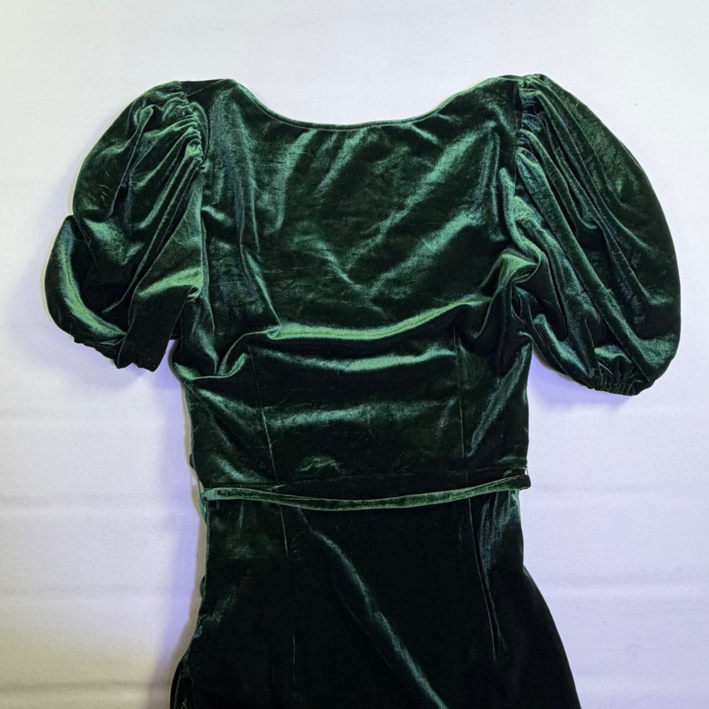 Lucy Paris Womens Emerald Green Velvet Wrap Dress Puff Sleeve High Low Small - Picture 7 of 12